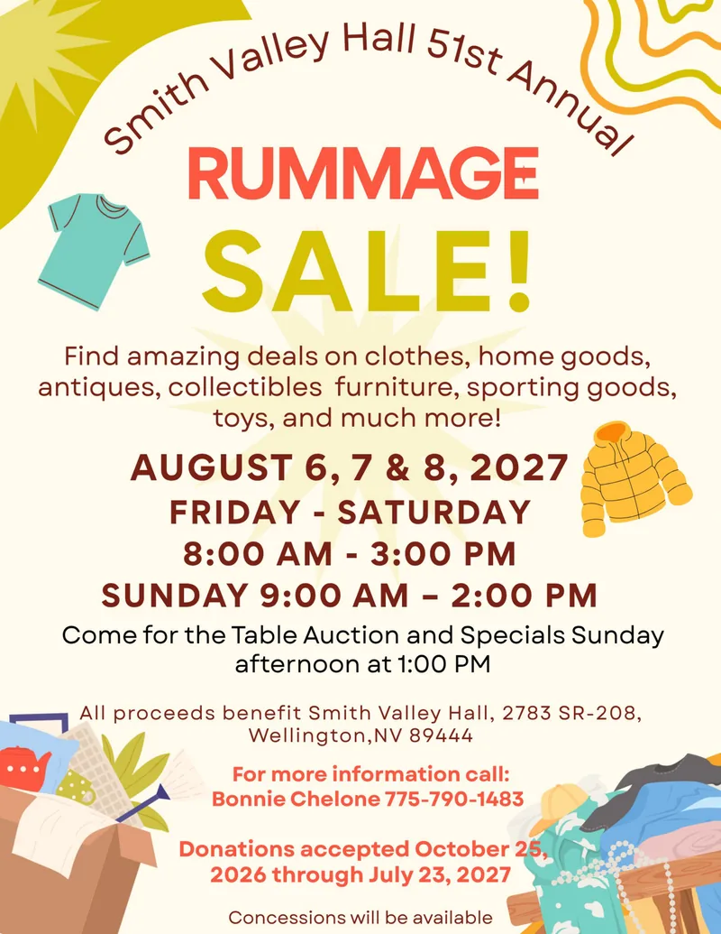 Smith Valley Hall 51st Annual Rummage Sale flyer, August 6, 7 and 8, 2027.
